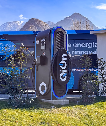 QiOn Maveriq DC fast charger unit showing compact industrial-grade design with cable management, used for fleet charging in the CVA V.I.T.A. public transport electrification project
