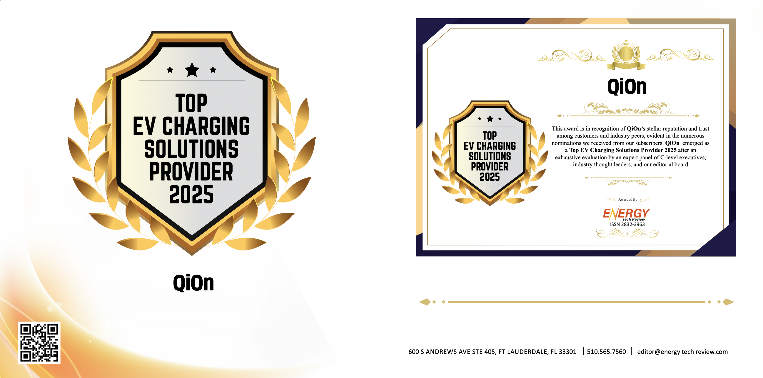 Energy Tech Review Top EV Charging Solutions Provider 2025 award badge and certificate for QiOn