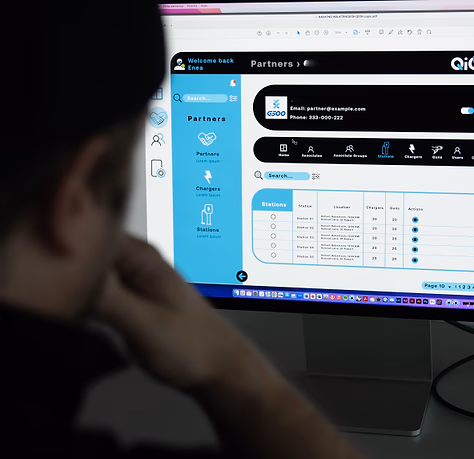 QiOn QCMS fleet charging management software dashboard showing OCPP 2.0.1 compatible interfaces for monitoring and managing electric vehicle charging infrastructure